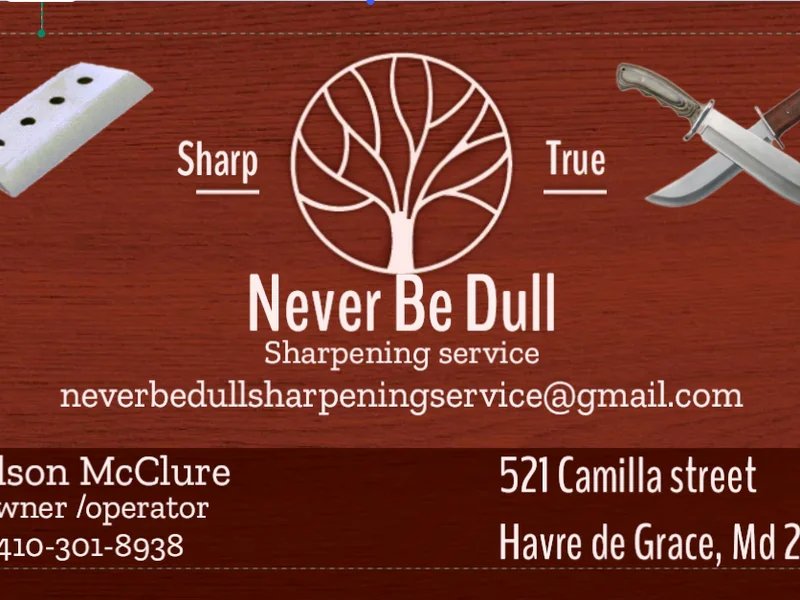 Never Be Dull Sharpening service LLC is a knife sharpening store in Aberdeen, Maryland providing blade services.